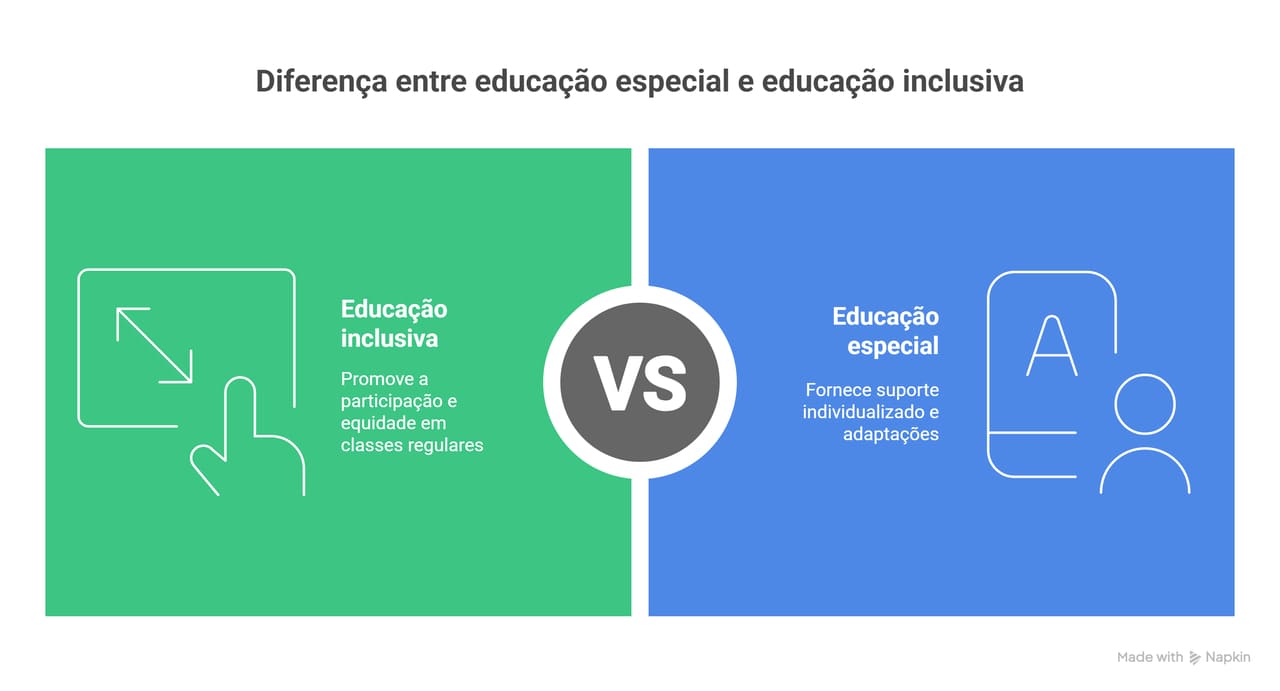 comparativa destaca a diferença entre educação especial e educação inclusiva: a primeira foca em suporte individualizado e adaptações, enquanto a segunda promove equidade e participação em classes regulares. Ícones e cores reforçam visualmente os conceitos contrastantes.