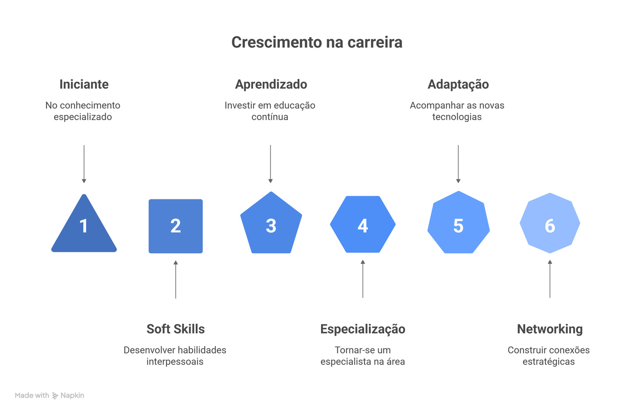 Imagem ilustrativa de seis etapas do crescimento profissional, como aprendizado, adaptação e networking. Representa um guia visual sobre como se destacar no mercado de trabalho, enfatizando educação contínua, especialização e construção de conexões estratégicas para evolução na carreira.