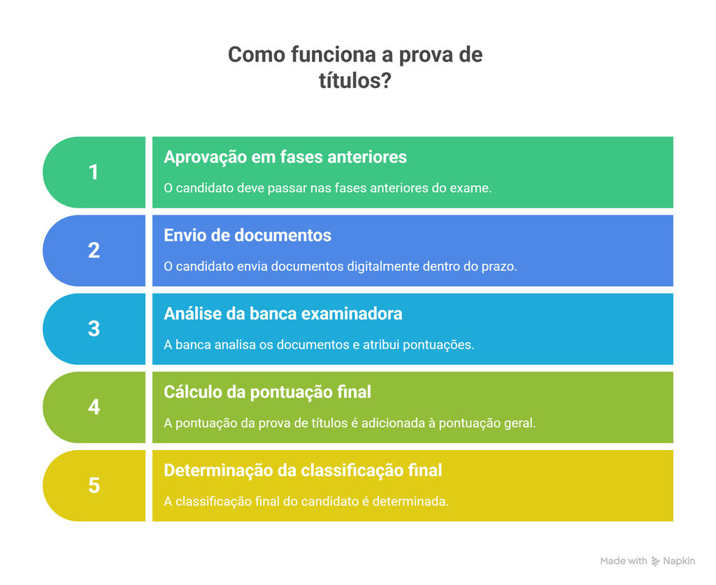 Infográfico colorido explica em cinco etapas como funciona a prova de títulos: aprovação prévia, envio de documentos, análise da banca, cálculo da pontuação e definição da classificação final. 
