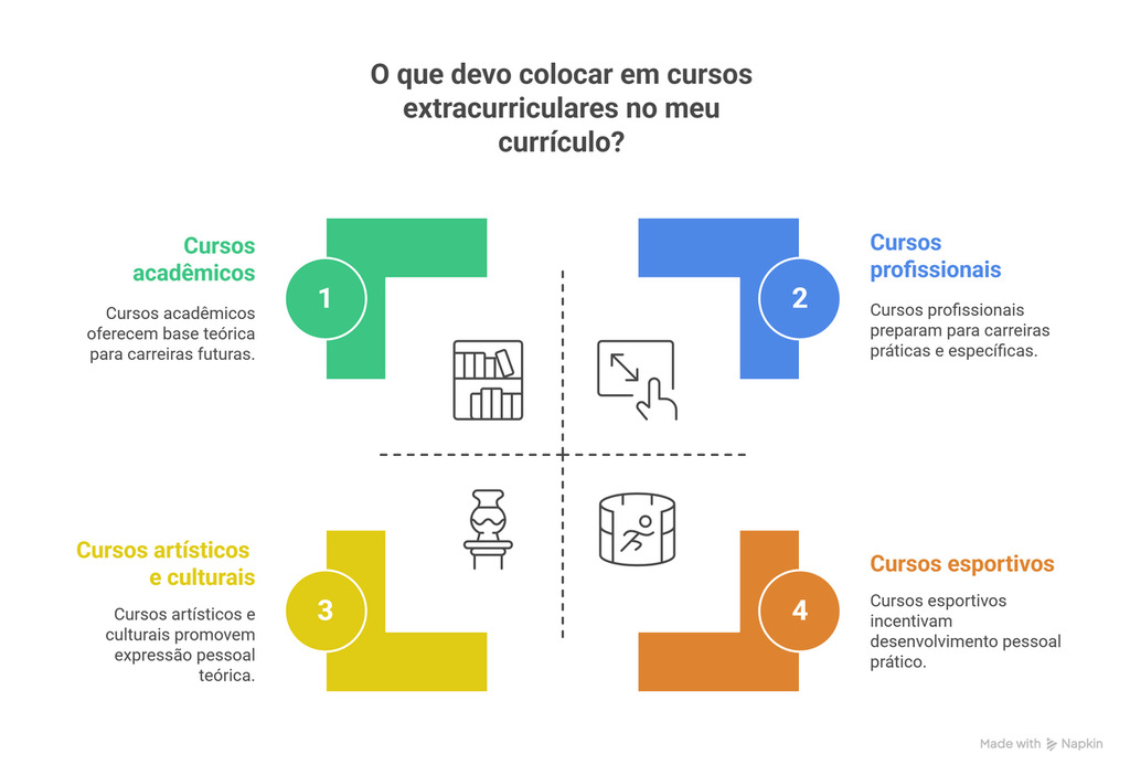 Imagem explicativa sobre o que é um curso extracurricular, dividida em quatro categorias: acadêmicos, profissionais, artísticos e esportivos. Cada quadrante destaca benefícios específicos para o currículo, ilustrando como cursos extracurriculares contribuem para formação teórica, prática e pessoal.
